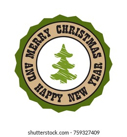 Merry Christmas and Happy New Year sticker of round shape with borders and frames, title and image of pine tree sketch vector illustration logo design