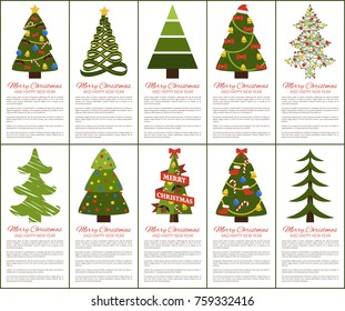 Merry Christmas and happy New year greeting cards, set of posters with text and types of decorated Xmas trees with balls and garlands, abstract vector