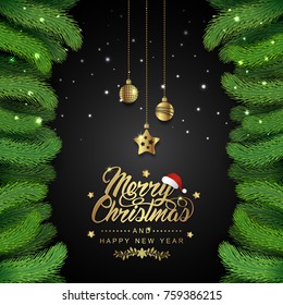 merry christmas and happy new year typography, santa’s hat, christmas tree, glitter balls, hanging stars, ribbons and snow decoration for flyers, poster, web, banner, and card vector illustration
