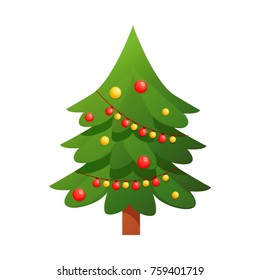 Merry christmas and happy New Year concept. Christmas tree with decorated tree and gift boxes, decoration balls and lamps. Christmas card. Vector illustration isolated.