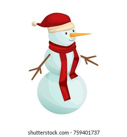 Merry christmas and happy New Year concept. Snowman with a scarf and a festive hat, against the background of snow. Christmas friendly snowman. Vector illustration isolated.