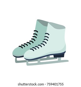 Merry christmas and happy New Year concept. Winter pair of white skates. Female skates for ice skating. Rest in winter, cold season on the ice rink. Vector illustration isolated.