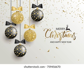 Merry Christmas and Happy New Year background for holiday greeting card, invitation, party flyer, poster, banner. Beautiful shiny tree balls and confetti. Vector illustration