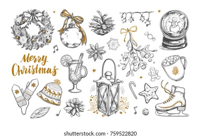 Merry Christmas and Happy New Year set. Vector hand drawn winter elements and Modern brushpen Calligraphy. Winter Joy. Let it snow. Warm Wishes Lettering 