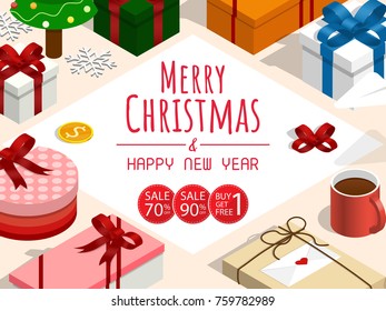 merry christmas and happy new year sale,isometric copy space gift boxes vector