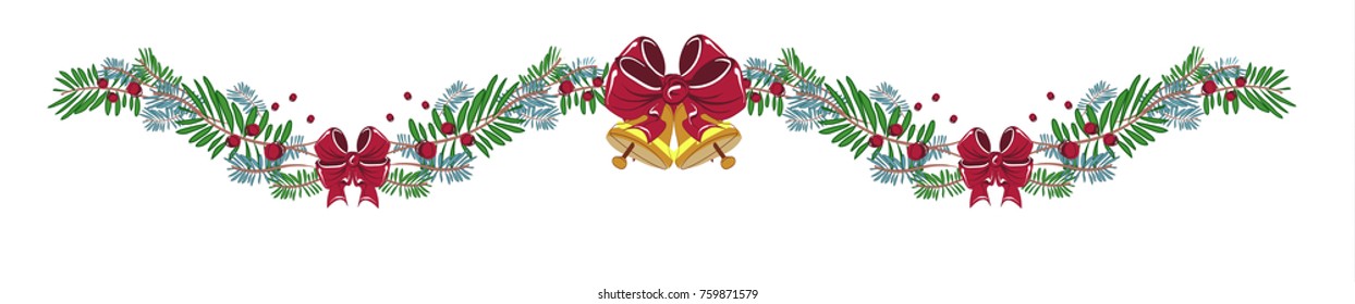 Merry Christmas and Happy new Year decorations with ribbon, bow, bell, christmas tree branches. Vector.