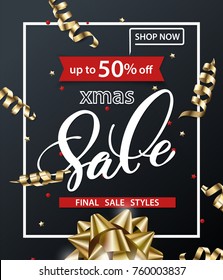 Merry Christmas and Happy New Year pattern of sales banners with Christmas gold bow, Christmas decorations on dark background. Sale concept. Vector illustration.