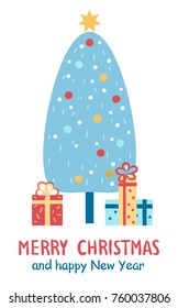 Merry Christmas and happy New Year congratulation postcard with xmas tree surrounded by colorful gift boxes. Vector illustration with holiday congrats on white