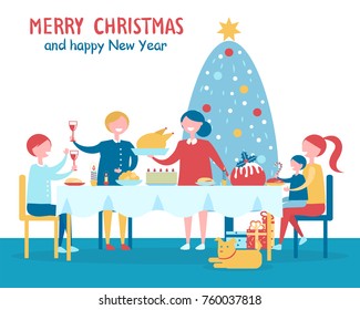 Merry Christmas and happy New Year, family having dinner together, served table, decorated tree and dog on floor isolated on vector illustration