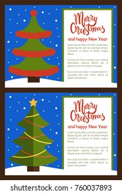 Merry Christmas Happy New Year poster tree made of wavy abstract lines, topped by golden star vector illustration web banners set with place for text