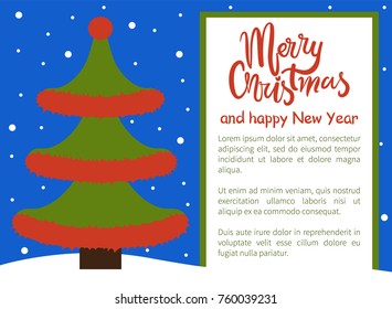 Merry Christmas Happy New Year poster with tree made of wavy abstract lines, topped by red ball vector illustration web banner with place for text