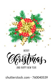 Merry Christmas and Happy New Year hand drawn quote calligraphy for holiday greeting card background template. Vector Christmas tree holly wreath decoration, golden ribbon confetti on premium white