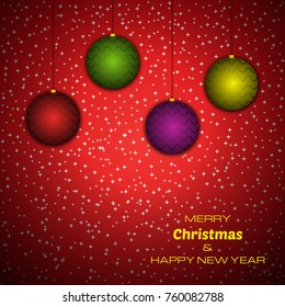 Merry Christmas and Happy New Year red background with christmas balls. Vector background  for your greeting cards, invitations, festive posters. 
