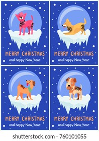 Merry Christmas and Happy New Year festive posters with dogs inside glass bubbles with bottom covered with ice cartoon vector illustrations collection