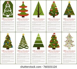 Merry Christmas and happy New year greeting cards, set of posters with text and types of decorated Xmas trees with balls and garlands, abstract vector