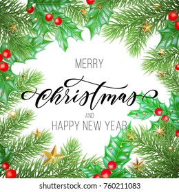 Merry Christmas and Happy New Year hand drawn quote calligraphy on holly wreath ornament for holiday greeting card. Vector Christmas stars garland frame decoration background template
