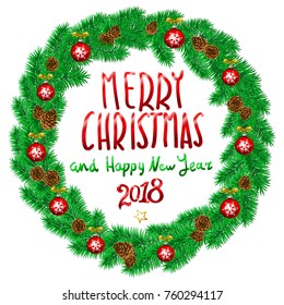 Merry Christmas And Happy New Year 2018 Vintage Background With Typography White card with Christmas wreath. Vector illustration. art