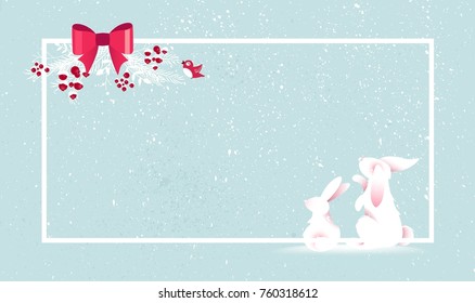 Merry Christmas and Happy New Year vector background with cute bunnies and christmas decoration. Winter cartoon illustration