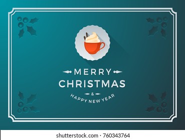 Merry christmas and happy new year greeting template in paper flat style with red cup and cream on textured background with mistletoe.