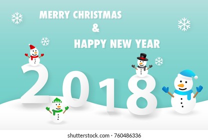 Merry Christmas and Happy New Year 2018 card with cute snowman vector