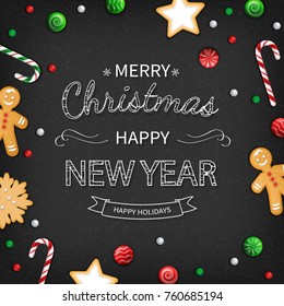 Merry Christmas and Happy New Year  Greeting card. Logo lettering with sweets, cookie, lollipops, candy cane, gingerbread man on black background. For web or printing Top View Vector