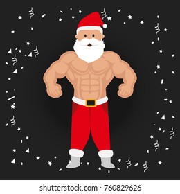 Merry Christmas. Happy New Year. Christmas Poster including Bodybuilder Santa Clause on Black Background