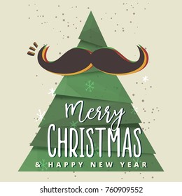 Merry Christmas and Happy New Year greeting card with calligraphy. Handwritten modern brush lettering with moustache on xmas tree.