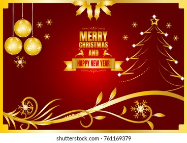 Merry Christmas and happy new year color gold and red vector background