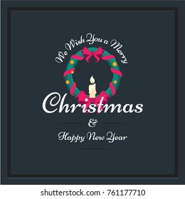 Merry christmas and happy new year. Greeting card in flat style with wreath and candle.