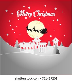 Merry Christmas and Happy New Year 2018. Illustration of Santa Claus on the sky coming to City ,paper art and craft style, vector design