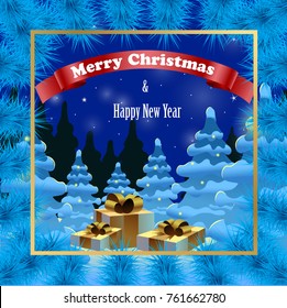Merry Christmas and a Happy New Year. A congratulatory poster against the background of snow-covered trees and a starry winter sky. Gifts with gold silk bows. Fairy forest. Vector illustration.