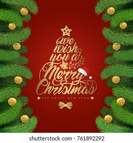 merry christmas and happy new year greeting typography, santa’s hat, christmas tree, glitter balls, stars and ribbons decoration for flyers, poster, web, banner, and card vector illustration
