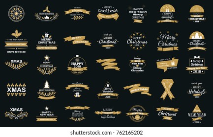 Merry Christmas and Happy New Year 2018. Typography set of 35 vector logos, emblems, text design. Usable for banners, greeting cards, gifts.