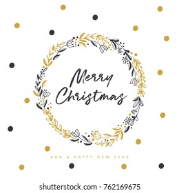 Merry Christmas and Happy New Year in wreath. Vector illustration.