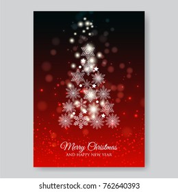 Merry Christmas and Happy New Year winter holiday greeting card with snowflake tree