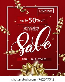 Merry Christmas and Happy New Year pattern of sales banners with Christmas bow with decorations on a red background. Sale concept. Vector illustration.