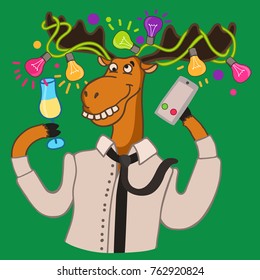 Merry Christmas or Happy New Year post card with drunk moose in garland. Vector illustration in cartoon design.