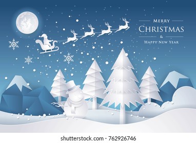 Merry Christmas and Happy New Year, Christmas tree and Snowman, Santa Claus on the sky with snow in winter season, Paper art vector and illustration