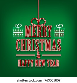 Merry Christmas and Happy New Year greeting card with gift boxes. Vector background