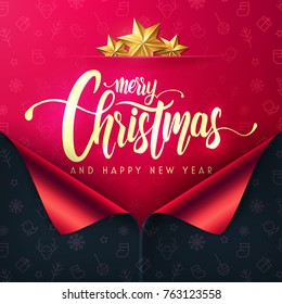 Merry Christmas and Happy New Year poster and template with open new year gift wrap paper concept.Vector illustration EPS10