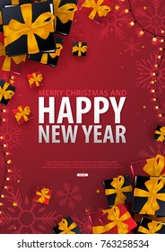 Merry Christmas and Happy New Year poster on red background. Vector illustration