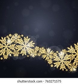 Merry Christmas and Happy New Year greeting card with gold glittering snowflakes wave on dark background. Winter seasonal holiday background