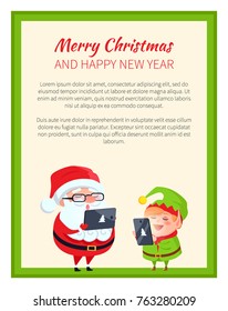 Merry Christmas happy New Year elf and cute Santa in light poster. Vector illustration with smiling Santa and his helper with tablets in green frame