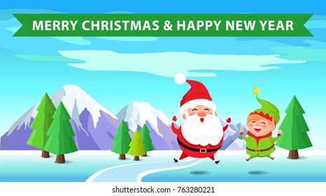 Merry Christmas and happy New Year, Santa and elf having fun outside, evergreen trees covered with snow, mountains and landscape vector illustration