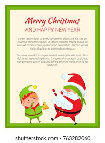 Merry Christmas and Happy New year poster with Santa and elf vector banners with place for text. Father Christmas and little helper having fun together