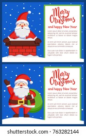 Merry Christmas and Happy New Year posters with Santa Claus in chimney and with bag on back vector illustration smiling Xmas symbol postcards design