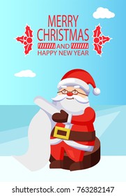 Merry Christmas Happy New Year poster with mistletoe Santa Claus reading wishlist sitting on wooden stump, Father Christmas with paper scroll vector