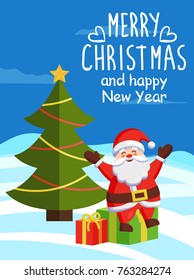 Merry Christmas and Happy New Year inscription, poster Santa Claus sits on gift boxes on winter landscape near decorated Xmas tree vector illustration