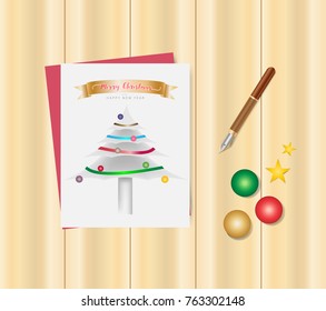 Merry Christmas and Happy New Year festival concept. Christmas card and postcard with a pen and ball multicolor on a wooden wall background. Vector illustration design. EPS10
