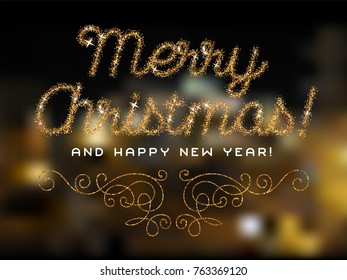 Merry Christmas and Happy New Year lettering gold glitter invitation. Vector illustration